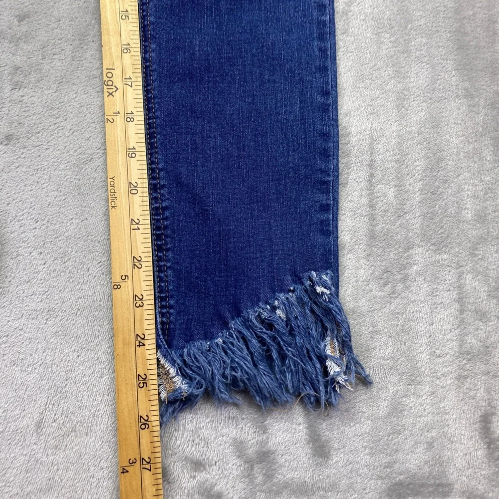 Free People Great Heights Distressed Skinny Jeans Blue Fringe Raw Hem‎ Size 26